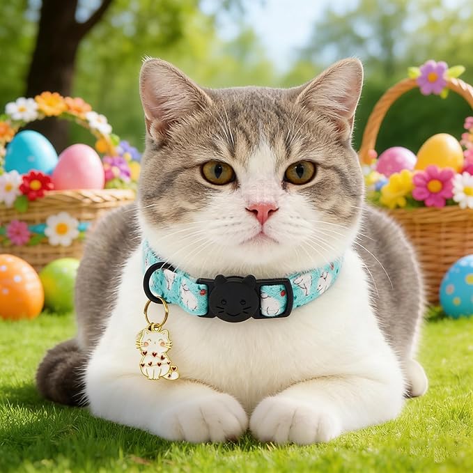 Easter Cat Collar-2 Pack Collars White and Orange Rabbit Print Breakaway with Kitten and Bell Pendant Safety Buckle Adjustable Pet Collar Gift for Cats and Small Pets