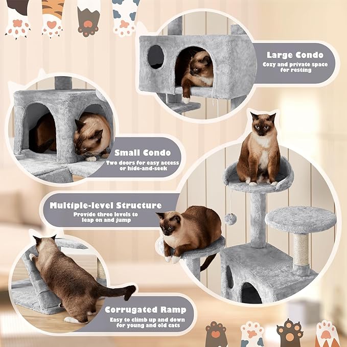 54 Inches Cat Tree Tower for Indoor Cats, Cat Tree Tower Condo with Scratching Post for Cats House Play, Multi-Level Furniture Activity Center for Pet, Sisal Rope, Light Gray