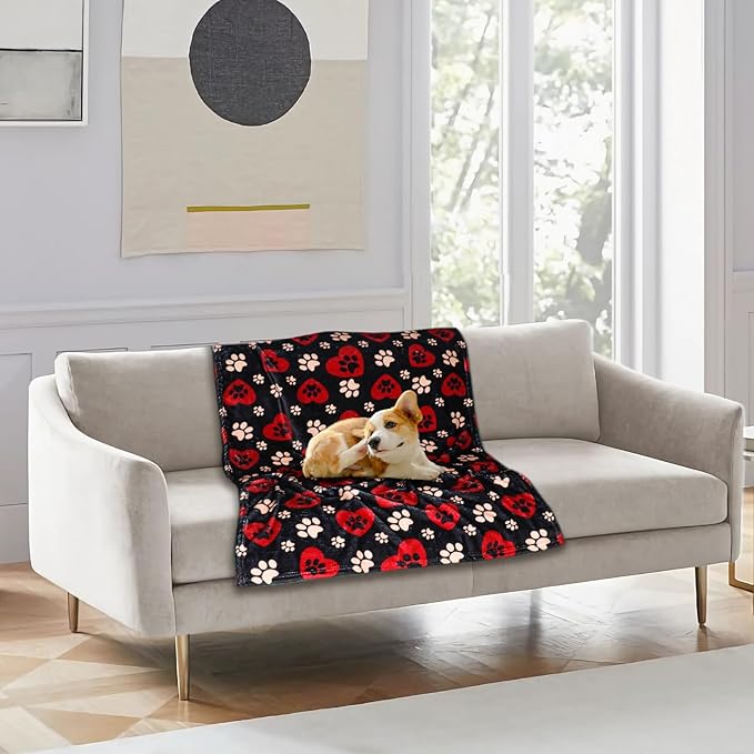 Dog Blankets for Large Dogs, 80"x60" Blanket Washable, Fuzzy Soft Pet Mat Throw Cover for Kennel Crate Bed, Cute Paw Pattern, Cat Blanket, Gifts Medium Small Pet Essentials, Black Red