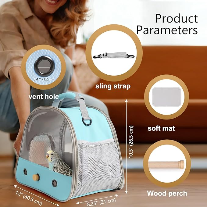 Small Bird Travel Cage Carrier, Portable Parrot Parakeet Carrier with Standing Perch and Comfy Mat, Budgies Carry Transport Bag for Vet Visit Shopping and Outdoor Adventure.