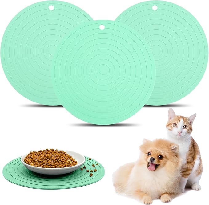 Fhiny 3PCS Silicone Pet Food Mat, 9.5" Round Waterproof Non-Slip Dog Cat Bowl Placemat Preventing Feed and Water Overflow Suitable for Medium Small Bowl Dish Plate Protect Floor (Green, 9.5" Dia)