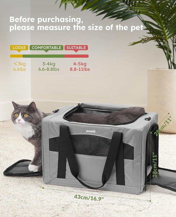 Pecute Cat Carrier Stable, Pet Carrier with Hidden Anxiety Relief Partition & Stable Steel Frame, Safe Cat Carrier for Car Travel, Soft-Sided Dog/Cat Carrier Bag for Pets Up to 11lbs, Gray