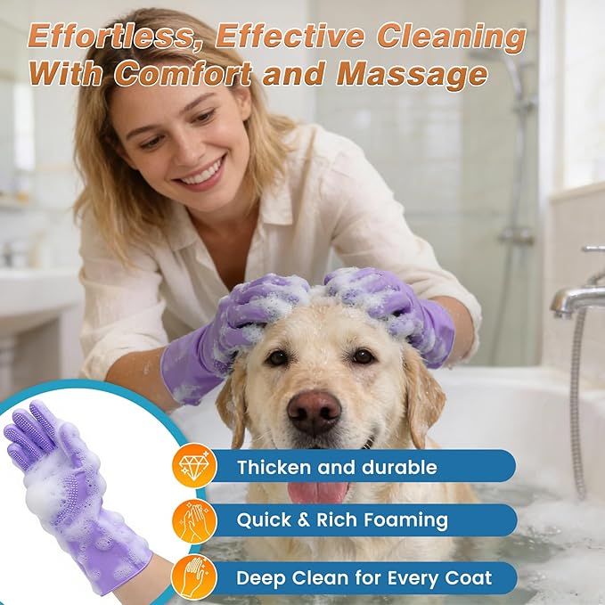 7PCS Dog Bath Brush | Pet Grooming Gloves | Storage Bag | Soothing Massage Rubber Comb with Adjustable Ring Handle | Pet Bathing for Dogs and Cats (Lavender Purple)