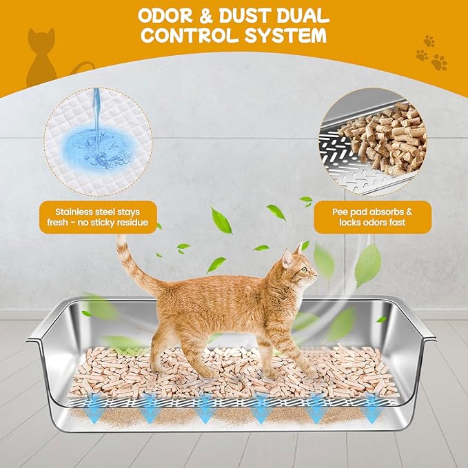 23.6''x15.7''x6'' Stainless Steel Sifting Litter Box, XL Large Metal Sifting Cat Litter Box for Pine Pellets, Litter Pan Tray System for Indoor Cats with Scoop and Pee Pad, Easy to Clean(6 Inch)