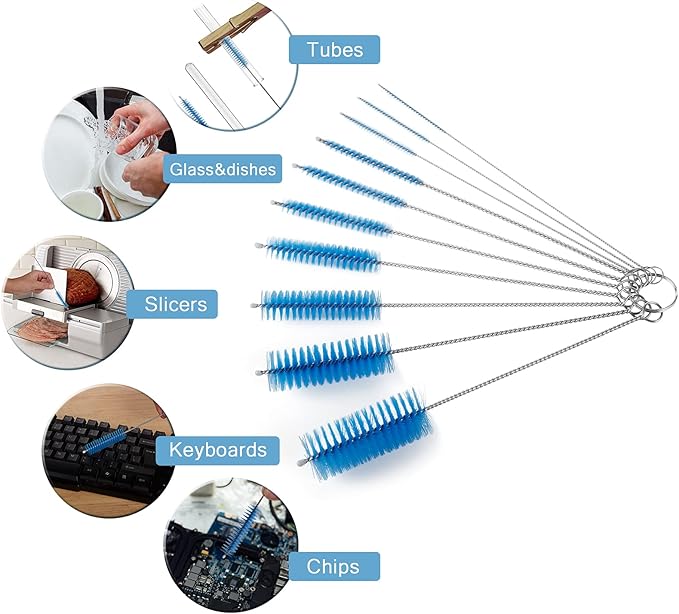 CiaraQ Bottle Cleaning Brushes, 8 Inch Nylon Tube Brush Set, Cleaner for Narrow Neck Bottles Cups with Hook, Set of 10pcs.