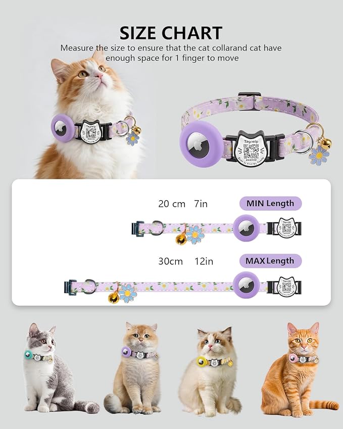 Smart Breakaway Cat Collar with QR Code Pet ID, Built-in AirTag Holder, Adjustable Cotton Cat Collar with Bell for Kittens and Adult Cats ，Pastoral Style with airtag Holder(Purple)