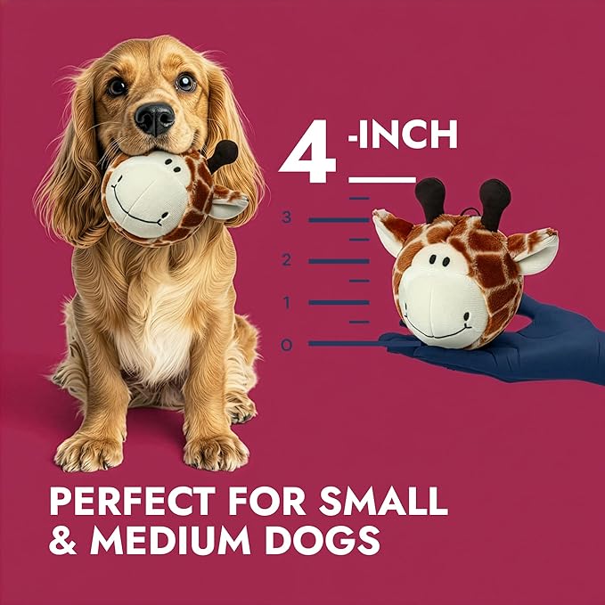 Pet Lou 4 Inch EZ Squeaky Giraffe Ball Dog Plush Toy, Stuffing-Free Soft Plush, Durable Bouncy Squeaker Ball, Floats in Water, Small & Medium Breed Chew Toys