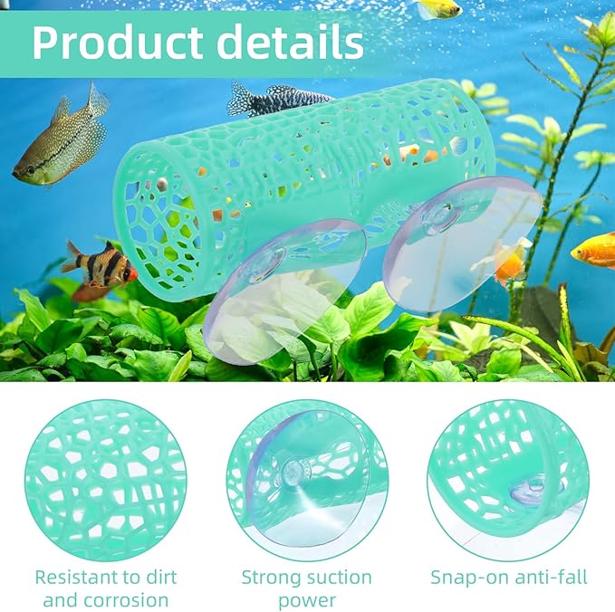 Green Betta Tunnel, Betta Cave with Suction Cups, Plastic Bettas Tank Accessories, Safe Aquarium Decor for Small Fish & Shrimp, Small Fish Toys Hideout Play Area