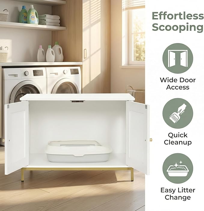 Homhedy Cat Litter Box Enclosure, Cat Washroom Furniture with Metal Frame, Pet House, Fit Most of Litter Box, Modern Style, White and Gold