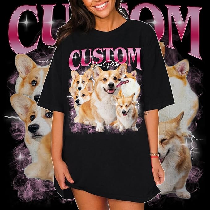 IZI POD Custom Dog Shirt for Women, Personalized Pet Face Photo Shirt, Bootleg Rap Tee Dog Gifts Valentine Birthday Gift