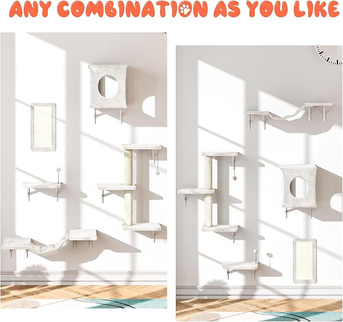 Wall Mounted Cat Furniture, 5 Pcs Cat Wall Shelves with House, Bridge, Steps, Scratching Post, Shelves, Indoor Safe & Stable Furniture for Kittens Play,Beige