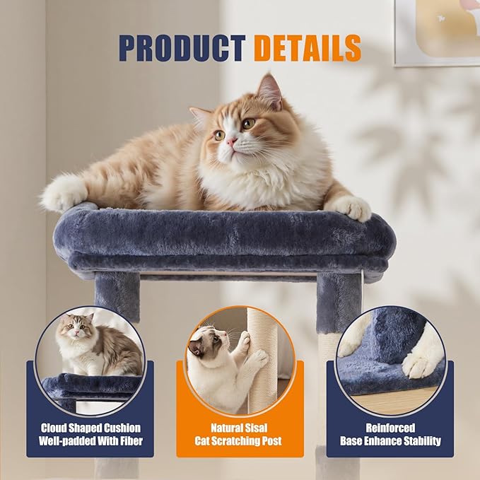 Sweetcrispy 63 inch Cat Tree Tower, Large Multi Level Cat Climbing Tower with Condo, Natural Sisal Scratching Posts, Extended Platform, Hammock, Pet House for Indoor Cats and Kittens Play, Dark Grey
