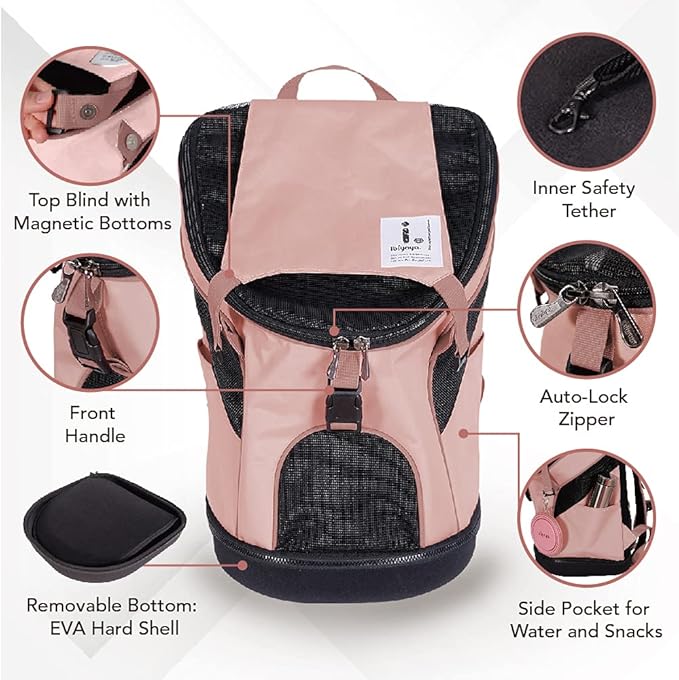 ibiyaya - Airline Approved Pet Carrier for Small to Medium Dogs and Cats - Dog Backpack Carrier, Breathable Mesh Material with Magnetic Buttons, Side Pockets, and Auto-Lock Zipper - Coral Pink