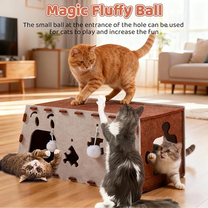 Large Felt Cat Cave & Tunnel with Hanging Balls, Built-in Scratcher - Modular Peekaboo Cat Hideaway House for Large Breed Cats, Stackable Play & Rest Bed