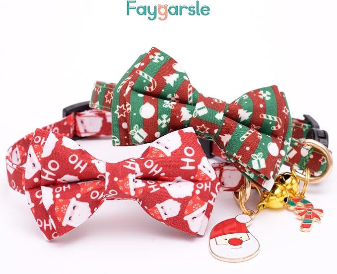Faygarsle 2 Pack Christmas Cat Collars - Cute Holiday Collars with Bow Tie, Breakaway, Red & Green, Winter, for Boy & Girl Cats