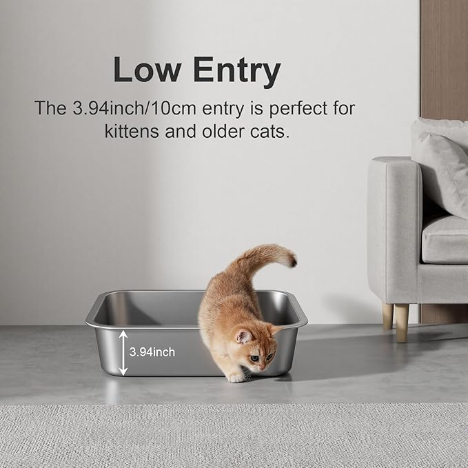 Large Stainless Steel Litter Box with High Sided, Metal Cat Litter Box, Odor-Free Non-Stick Litterbox Pan, Easy to Clean Pet Supplies Toilet Tray for Indoor Cats, Kittens or Multicat Homes