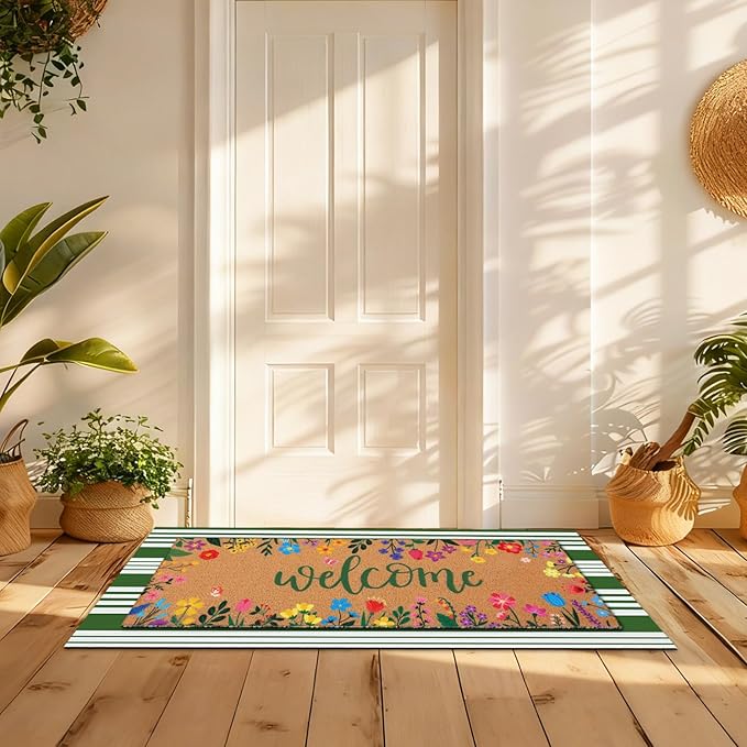 Tinideya 2 Pcs Door Mat Welcome Non Slip Coir Mats Floor Layering Doormats Seasonal for Front Porch Entryway Decor(16.14 x 47.24 Inches,Spring Flowers,Green Brown)