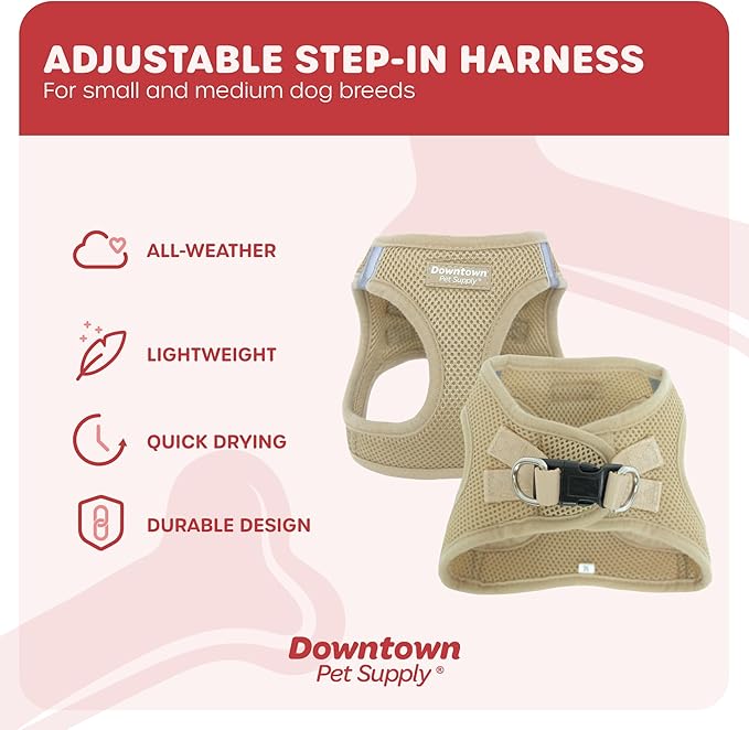 Downtown Pet Supply Step in Dog Harness for Teacup Dogs & Cats No Pull, XX-Small, Khaki - Adjustable Harness with Padded Mesh Fabric and Reflective Trim - Buckle Strap Harness for Dogs