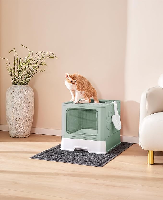 Cat Litter Box with X-Large Litter Mat and Scoop, Large Covered Litter Box with Lid, Enclosed Kitty Box,Front Top Entry Exit, Odor Control Easy to Clean (Upgrade Green)