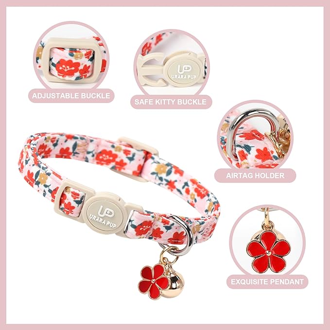 Cat Collar,2Pack Summer Cat Collars Cute Breakaway,Spring Green Leaf Flower Kitten Collar with Bell, Kitty Collars with Safety Buckle for Girl & Boy Cats