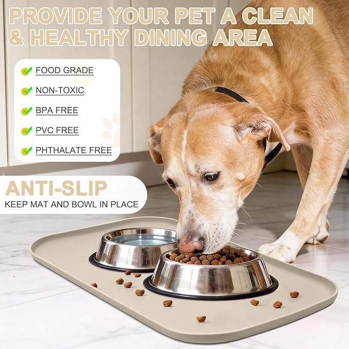 Silicone Pet Food Mat with Raised Edge for Food and Water Bowl, Dog Feeding Mats, Cat Food Trays for Floor Waterproof, Rubber Tray for Dogs and Cats, 19 x 12 x 0.7 Beige