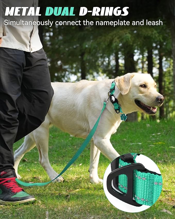 Joytale Airtag Dog Collar, Reflective Pet Collar with Waterproof AirTag Holder, Dual D-Rings, Soft Padded Adjustable for Large Dogs, Teal, L