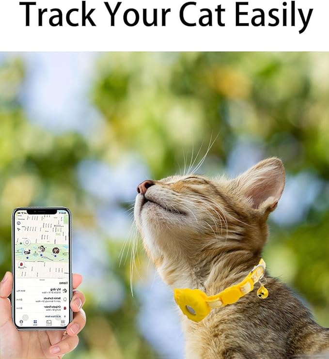 Airtag Cat Collar Breakaway, Safety Kitten Collar with Apple Airtag Holder, GPS Cat Collar with Bell, Lightweigh Tracker Cat Collars for Girl Boy Cats, Kittens and Puppies (Yellow Moon)