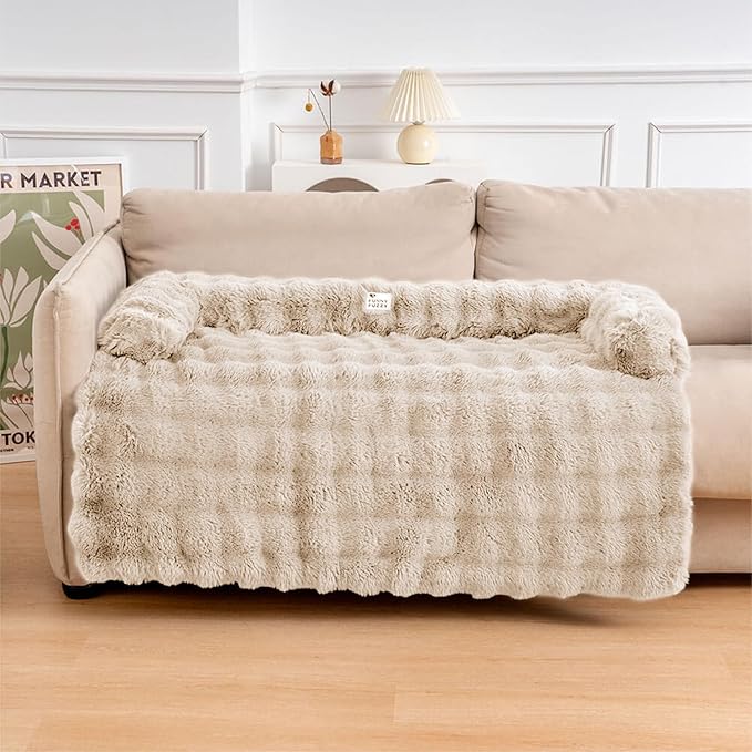 FUNNY FUZZY Pet Fluffy Plush Calming Dog Couch Bed Sofa Protector Washable Pets Mat for Large Medium Small Dogs and Cats (Coffee, 47"×33.5"×6")
