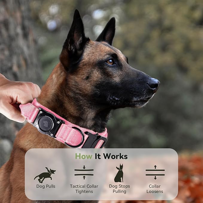 2025 Upgrade Waterproof AirTag Dog Collar, Military Tactical Dog Collar with AirTag Holder, Comfortable Control Handle and Metal Buckle, GPS Dog Collar Holder for Medium to Large Dogs (Pink, M)