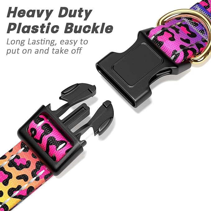 Reflective Dog Collar for Medium Dogs, Cute Leopard Style Adjustable Heavy-Duty Nylon Puppy Collar for Boy and Girl Female, Soft Pet Accessories with Quick Release Buckle, Neon