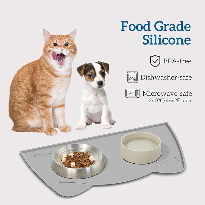 OHMO - Cat Food Mat, Silicone Pet Feeding Mat for Floor Non-Skid Waterproof Dog Water Bowl Tray, Easy to Clean Pet Placemat (Ash Light Grey, 18 * 9.8'')