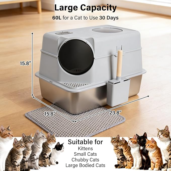 Stainless Steel Litter Box with Lid,XL Large Enclosed Cat Litter Box for Big Cats,Front & Top Entry Metal Litterbox, Odor Control,Anti-Leakage, Non-Sticky, Includes Mat&Scoop,23.8 x 15.8 x 15.8 inches
