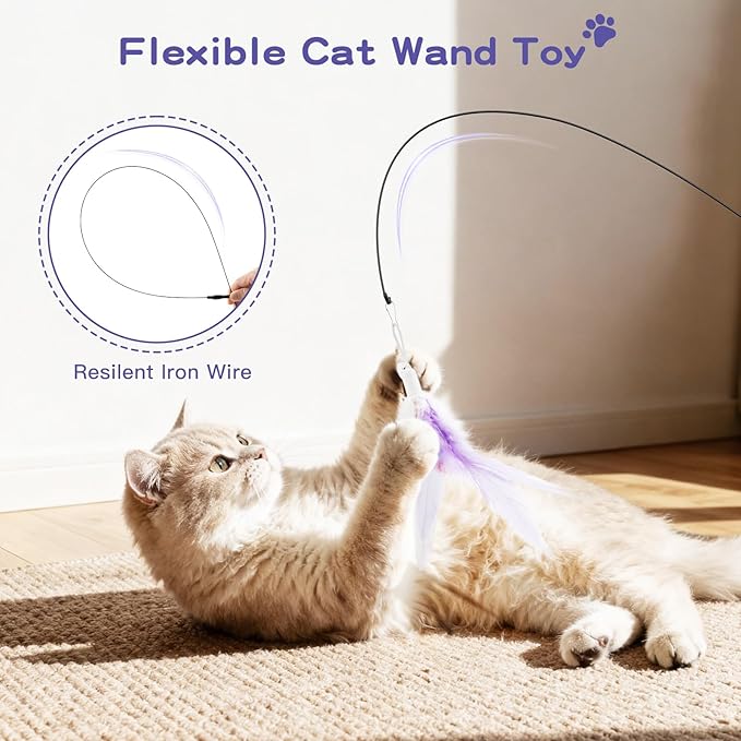 Pawaboo Feather Teaser Cat Toy, Interactive Feather Wand Cats Toy Flying Feathers Cat Catcher with Extra Long 34.5" Wand and Small Bell, Exerciser Playing Toys for Kitten or Cats, Purple