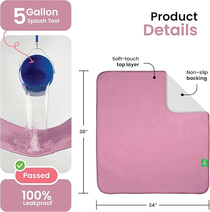 IMPROVIA® Washable Underpads, Heavy Absorbency Reusable Incontinence Pads for Kids, Adults, Elderly, and Pets, Waterproof Protection Floor (Pink and White, 34" x 36" - Pack of 4)