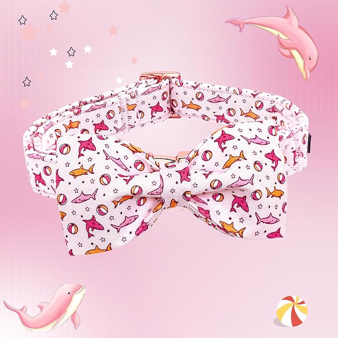 Lionheart glory Dog Collar Shark Print Dogs Bow Collar Adjustable Soft Pink Dog Collars Male or Female Summer Spring Collars with Bowtie for Small Dogs Puppy
