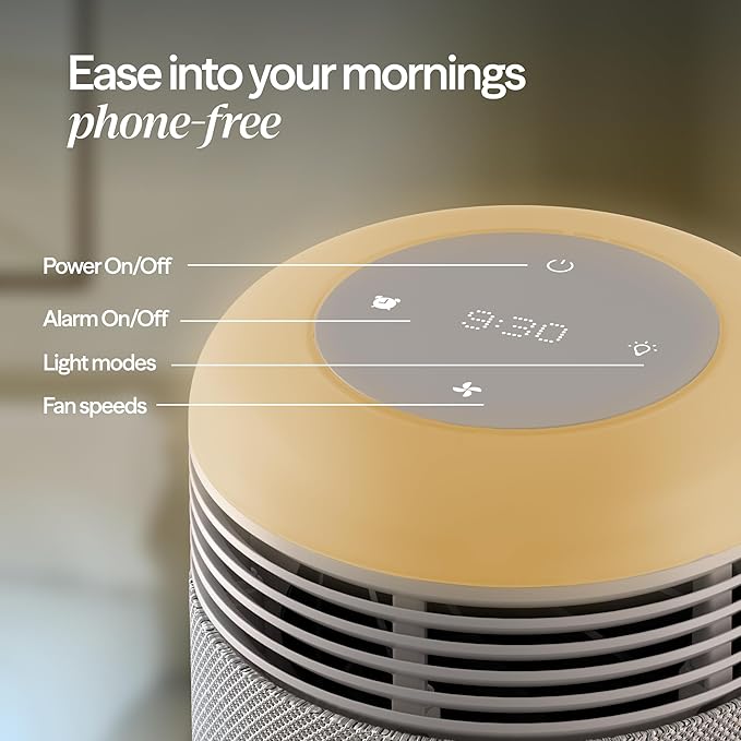 BLUEAIR Purifier for Bedroom - Mini Restful - Sunrise Clock with HEPASilent Filtration and Wake Up Light - Cleans Air and Supports Circadian Rhythm - USB-C and App Connectivity, Beige