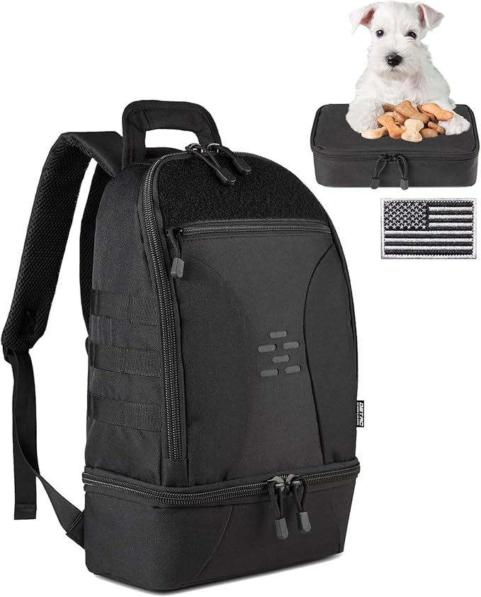 DBTAC Tactical Pet Backpack for Small Dogs & Cats - Compact Travel Bag with Insulated Pocket & 1x Detachable Food Container Included | Outdoor Hiking, Road Trip, Airplane Approved (Black)