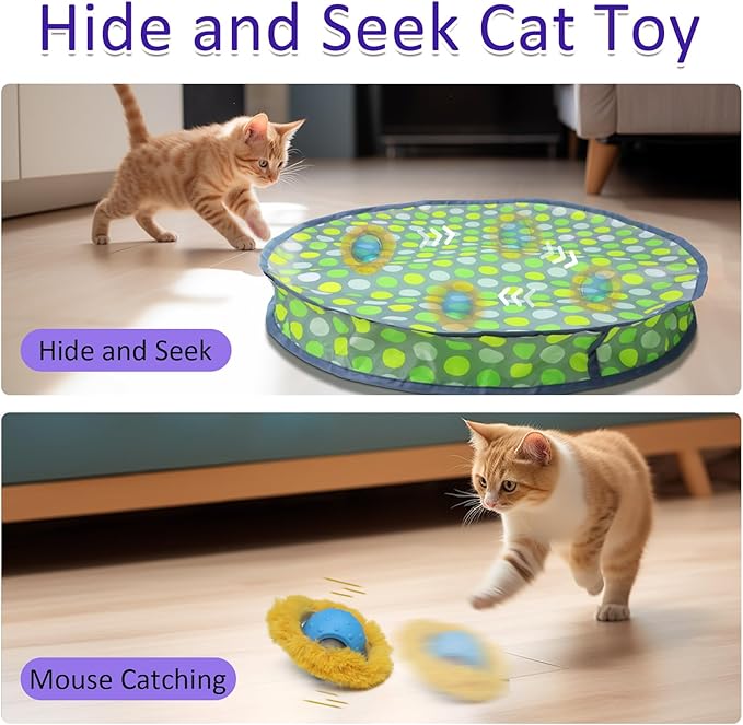 Interactive Cat Toys Ball Fast Rolling in Pouch, Motion Activate Chirping Cat Toy Hide and Seek Mouse Catching Game (Green Polka dot)