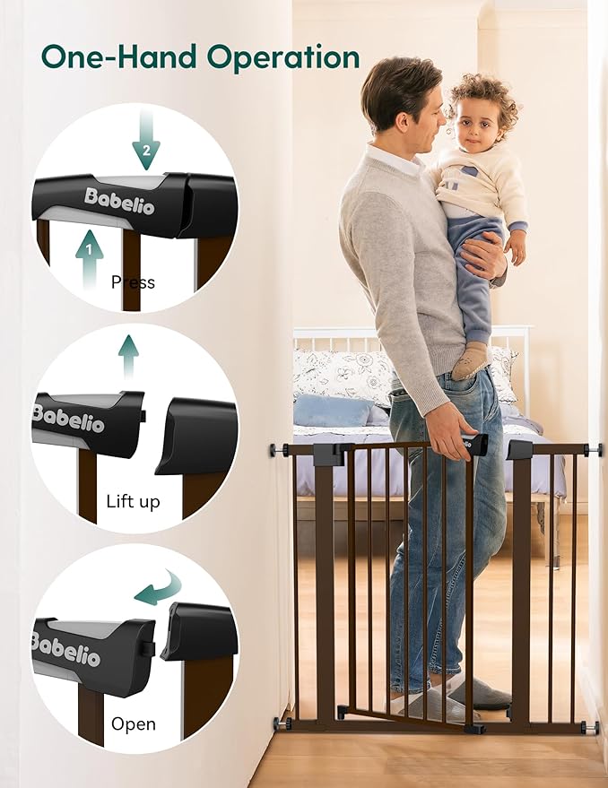 Babelio 29-55" Extra Wide Baby Gate for Stairs & Doorways, Metal Auto Close Pressure Mounted Child & Pet Safety Gate, Easy Install NO Need Tools and Drilling for Indoor Use, Brown