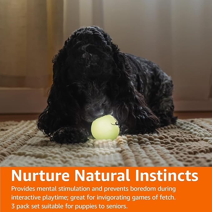 Amazon Basics Interactive Bouncy Durable Rubber Dog Toy Balls, Glow, 2.5 inch, Beige, Pack of 3
