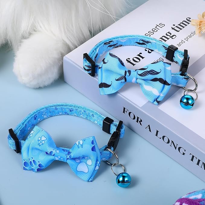 2 Pack Kitten Collar with Bell Breakaway Cat Collars with Removable Bow Tie Safety Buckle Kitten Collars 7.8-12 Inch Adjustable Pet Collar for Boy Cats (Blue)