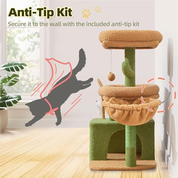 Taoqimiao MS043T Cat Tree, 32.2-Inch Cat Tower for Indoors Cats, Cat Condo with Large Cat Perch, Spacious Cat Cave, Scratching Posts for Small and Medium Cats, Cactus