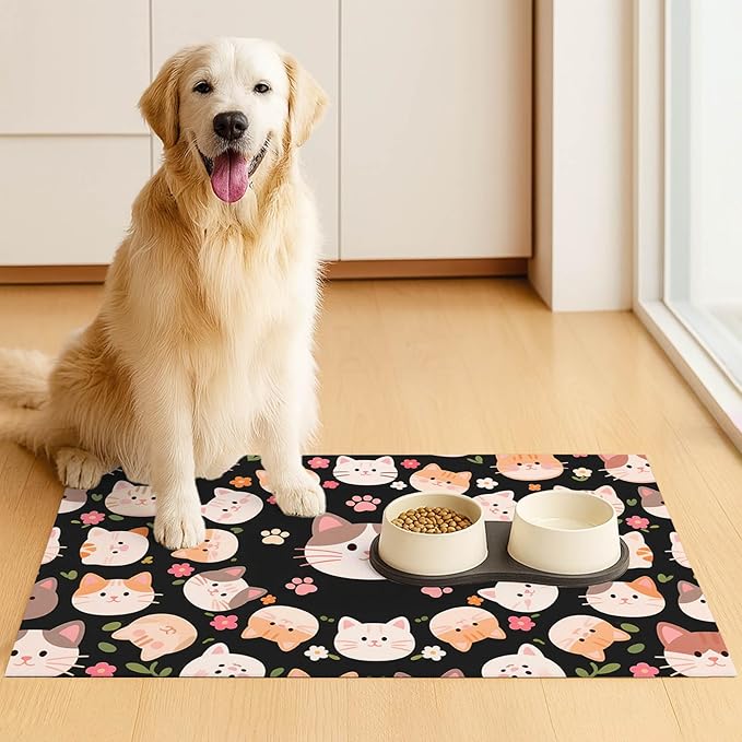 Cat Feeding Mat 24x16 inch Black Kitten Print Pet Bowl Placemat Non Slip Floor Mat for Food and Water Indoor Kitty Feeding Station Cute Meal Pad for Small Pets Kitchen Use