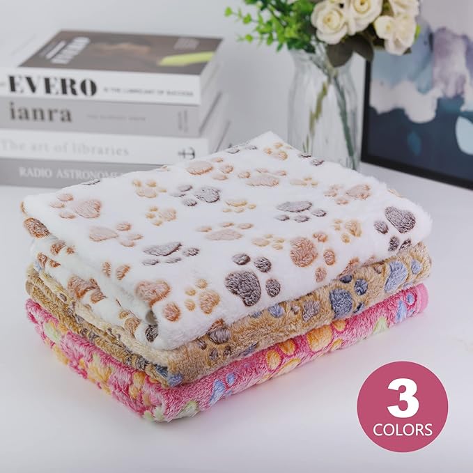 Comsmart Dog & Cat Blanket, Cute Paw Print, Soft Warm Fleece Throw for Small to Large Dogs, Puppy, Kitten, Guinea Pig (Brown/Pink/White, 1 Pack 3, 24 * 32in)
