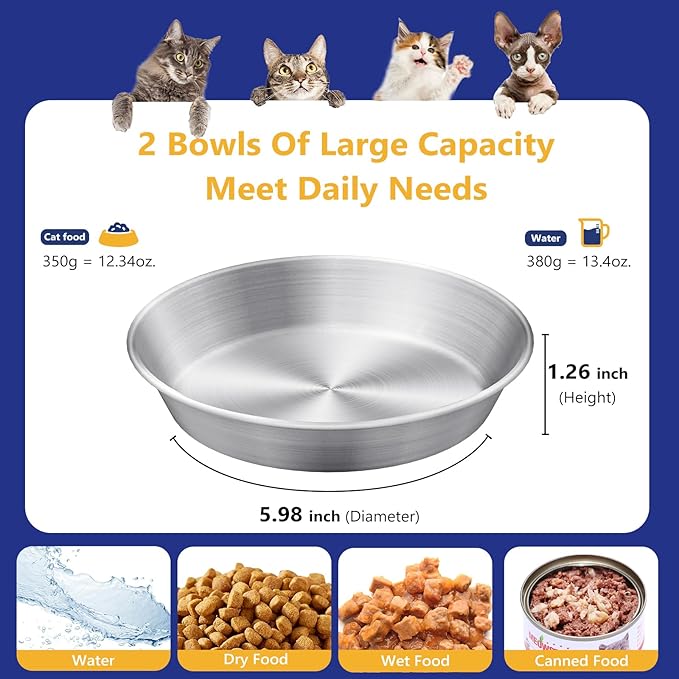 2-Pack Stainless Steel Cat Food Bowls, Shallow Whisker-Friendly Non-Slip Silicone Base Metal Dishes, Easy to Clean Indoor Water Flat Plates for Cat, Kitten, Small Dog (5.9")