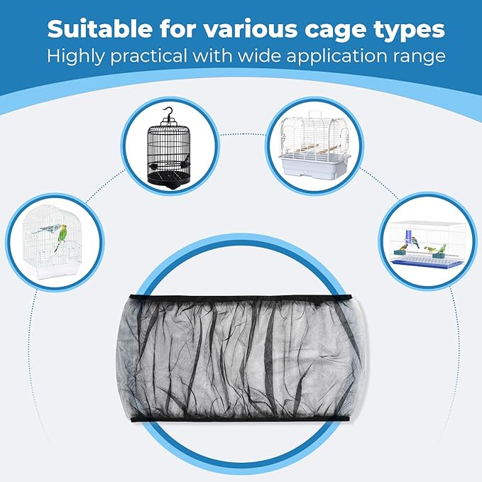 2 Pcs Bird Cage Seed Catcher, Adjustable Bird Cage Net Cover, Reusable Soft Nylon Cover for Parrot Enclosures (Black)