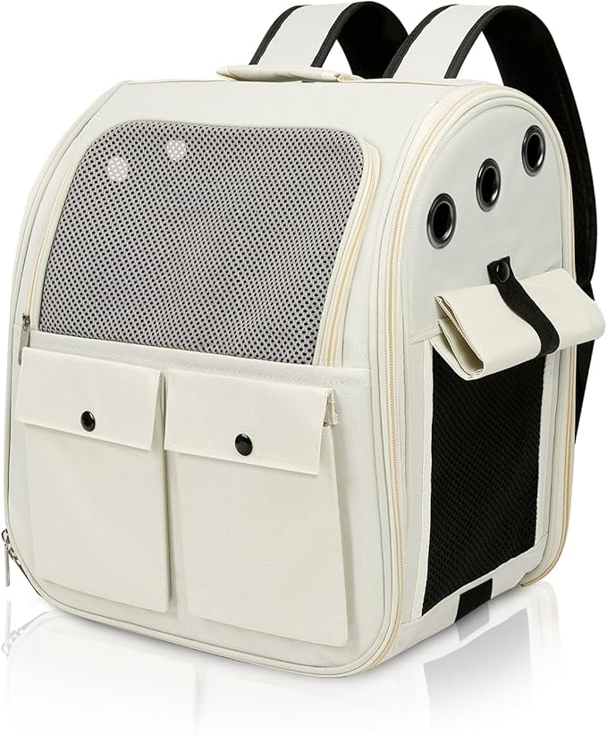 Airline Approved Cat Carrier Backpack - Ventilated Breathable Mesh for Small Dogs & Cats (15lbs), Soft Sided Dog Backpack for Hiking, Camping, Travel & Vet Visits with Padded Straps (White)