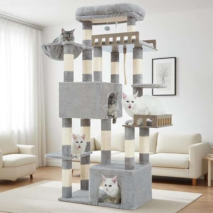 Maine Coon Cat Tree, Heavy Duty Cat Tree for Indoor Cats Large Adult, Cat Tower for Large Cats 20 lbs+ with Hammock, 2 Big Perches, 2 Cat Condos, 15 Scratching Posts, Light Gray GCT033W
