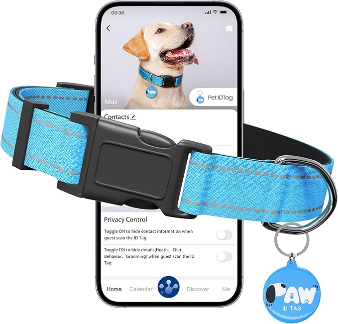 Reflective Dog Collar for Medium Dogs with Dog Tags Personalized & Quick Release Buckle, Adjustable and Comfortable Nylon Pet Collar, Blue