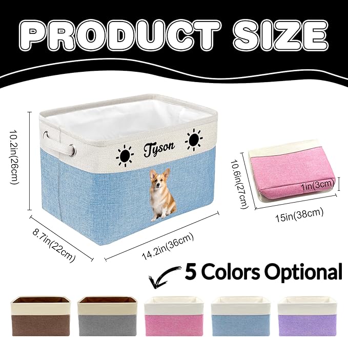 Personalized Dog Toy Storage Basket Custom Dog Name Photo Cat Pet's Gift Baskets Collapsible Organizer Box Foldable Storage Basket with Handle for Toys, Coats, Clothing, Blankets, Grey